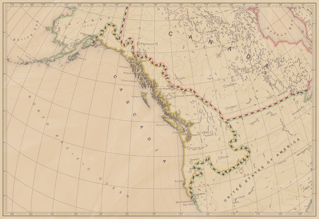 The Cascadia bioregion shaded against the Pacific Northwest