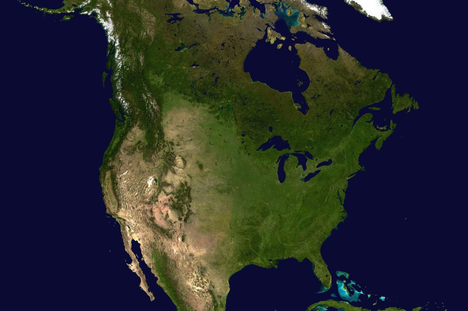 Earth from orbit, North America centered, NASA satellite orthographic